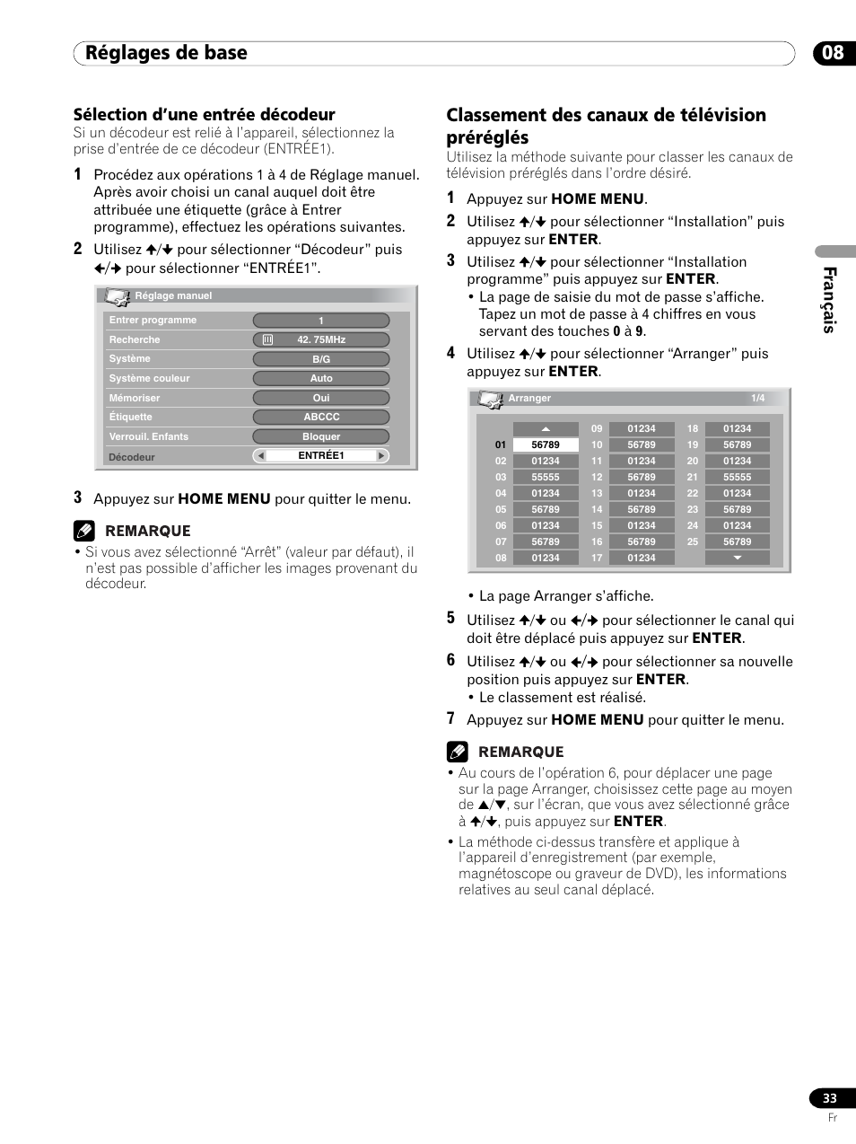 Sélection d’une entrée décodeur, Classement des canaux de télévision préréglés, 08 réglages de base | Français sélection d’une entrée décodeur | Pioneer PDP 434HDE User Manual | Page 109 / 248