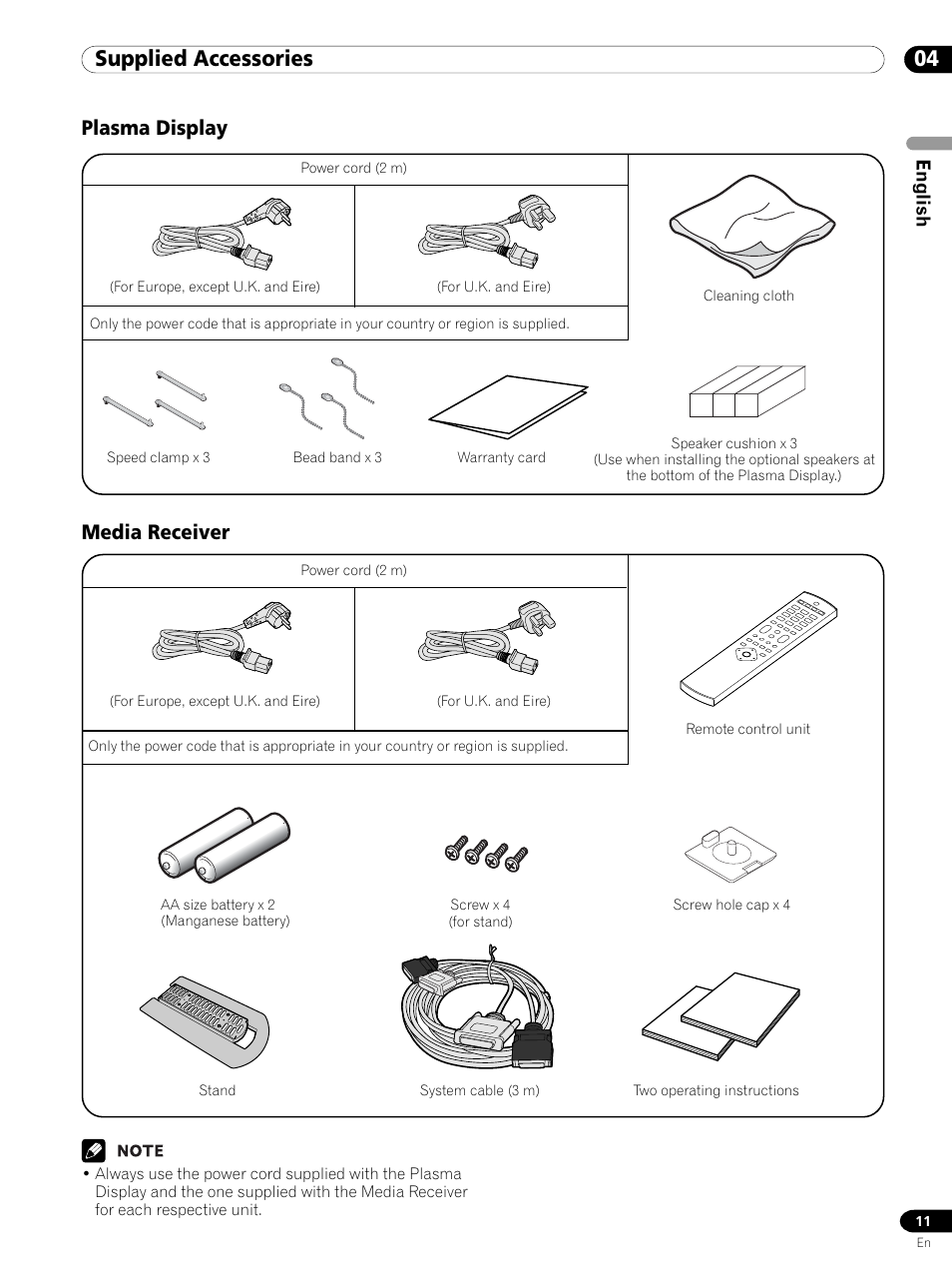 04 supplied accessories, Plasma display media receiver, English | Pioneer PDP 434HDE User Manual | Page 11 / 248