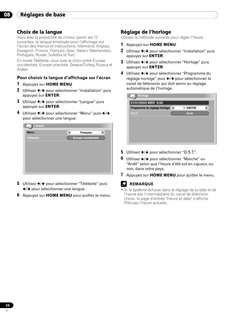 Choix de la langue réglage de l’horloge, 08 réglages de base, Choix de la langue | Réglage de l’horloge | Pioneer PDP 434HDE User Manual | Page 110 / 248