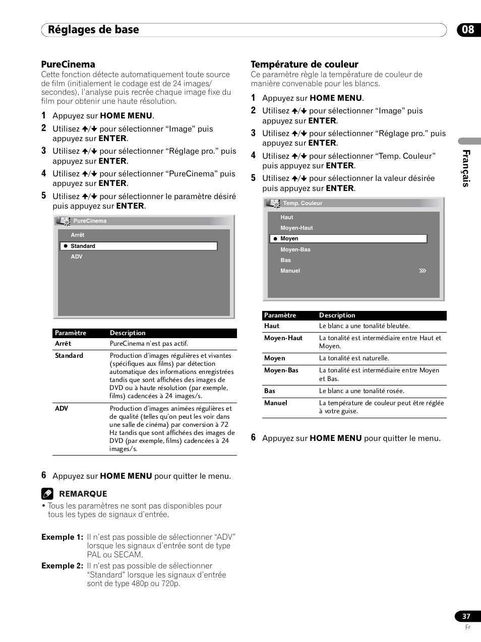 Purecinema température de couleur, 08 réglages de base, Français purecinema | Température de couleur | Pioneer PDP 434HDE User Manual | Page 113 / 248