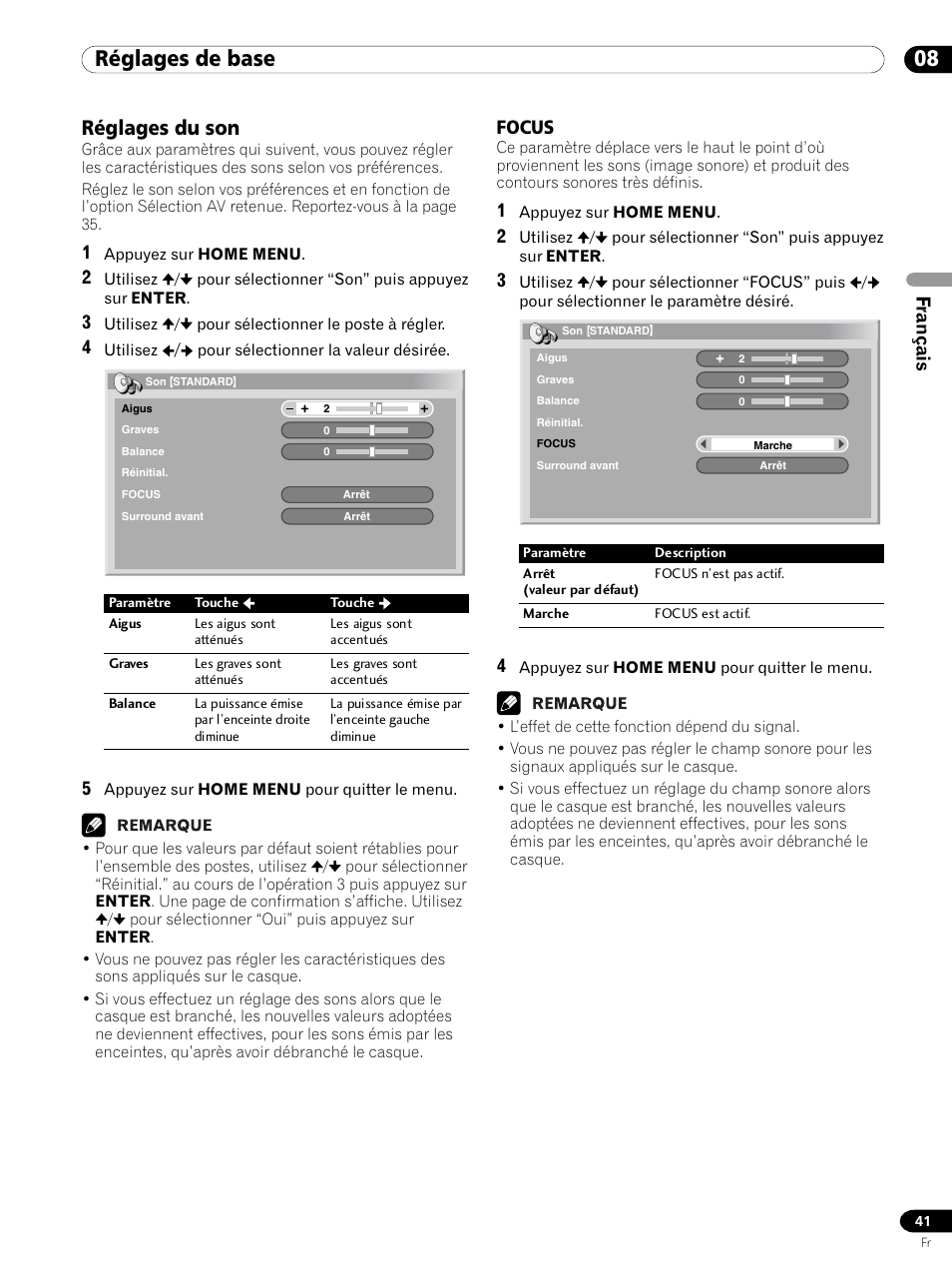 Réglages du son, Focus, 08 réglages de base | Français | Pioneer PDP 434HDE User Manual | Page 117 / 248