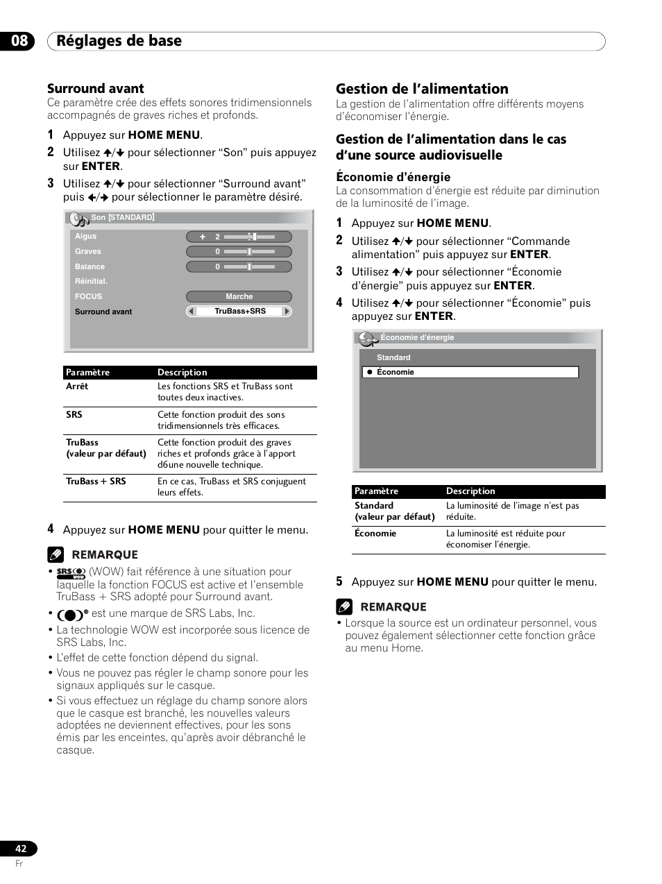 Surround avant, Gestion de l’alimentation, 08 réglages de base | Pioneer PDP 434HDE User Manual | Page 118 / 248