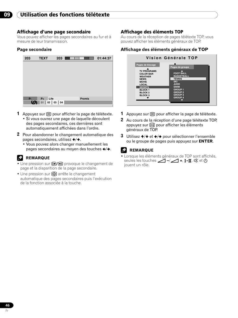 09 utilisation des fonctions télétexte, Affichage des éléments top, Affichage d’une page secondaire | Pioneer PDP 434HDE User Manual | Page 122 / 248