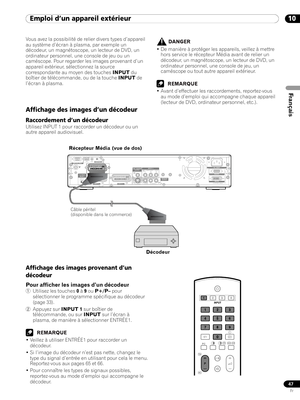 10 emploi d’un appareil extérieur, Affichage des images d’un décodeur, Français | Raccordement d’un décodeur, Affichage des images provenant d’un décodeur, Pour afficher les images d’un décodeur, Câble péritel (disponible dans le commerce) | Pioneer PDP 434HDE User Manual | Page 123 / 248