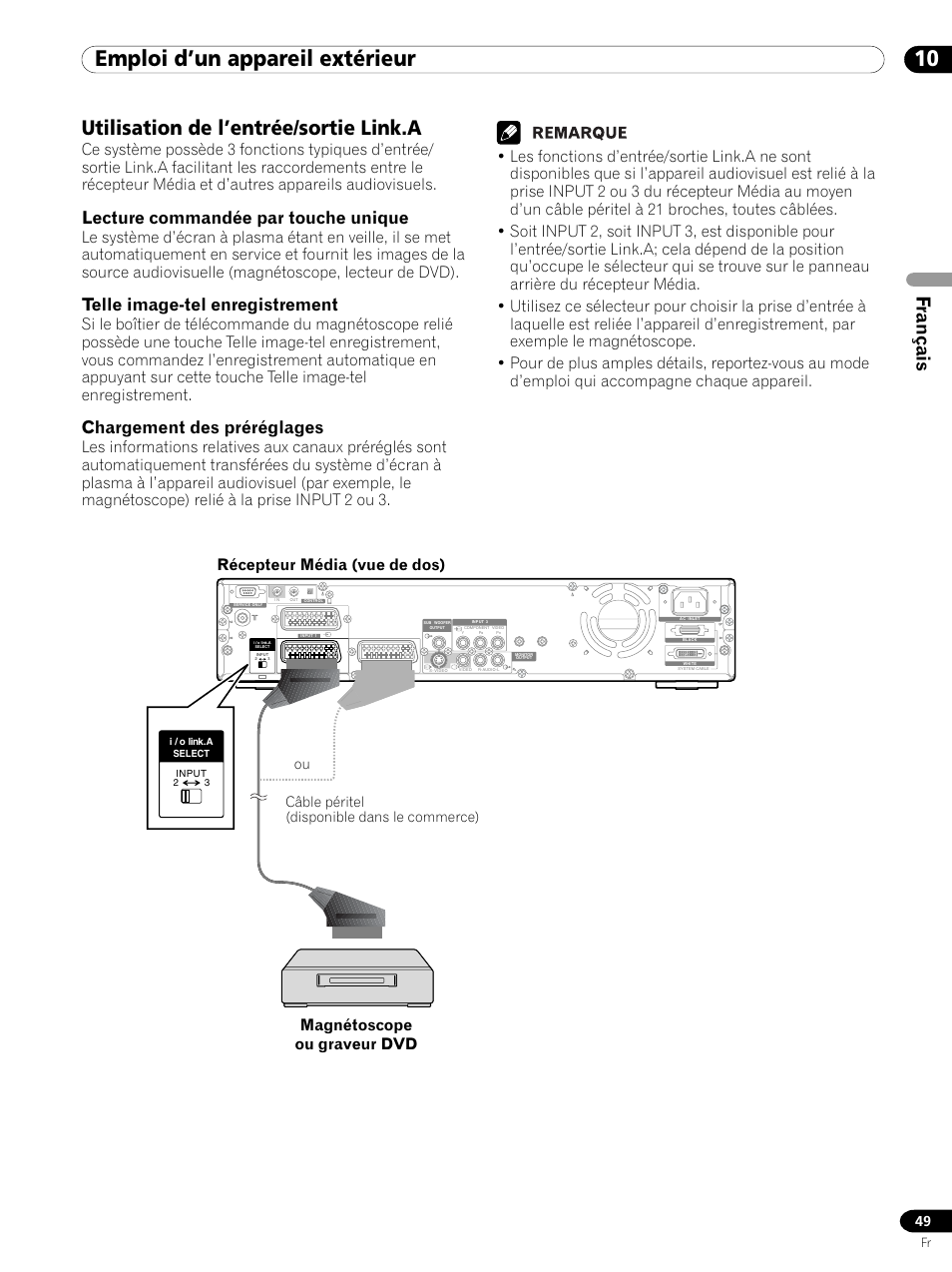 Utilisation de l’entrée/sortie link.a, 10 emploi d’un appareil extérieur, Français | Lecture commandée par touche unique, Telle image-tel enregistrement, Chargement des préréglages, Câble péritel (disponible dans le commerce) | Pioneer PDP 434HDE User Manual | Page 125 / 248
