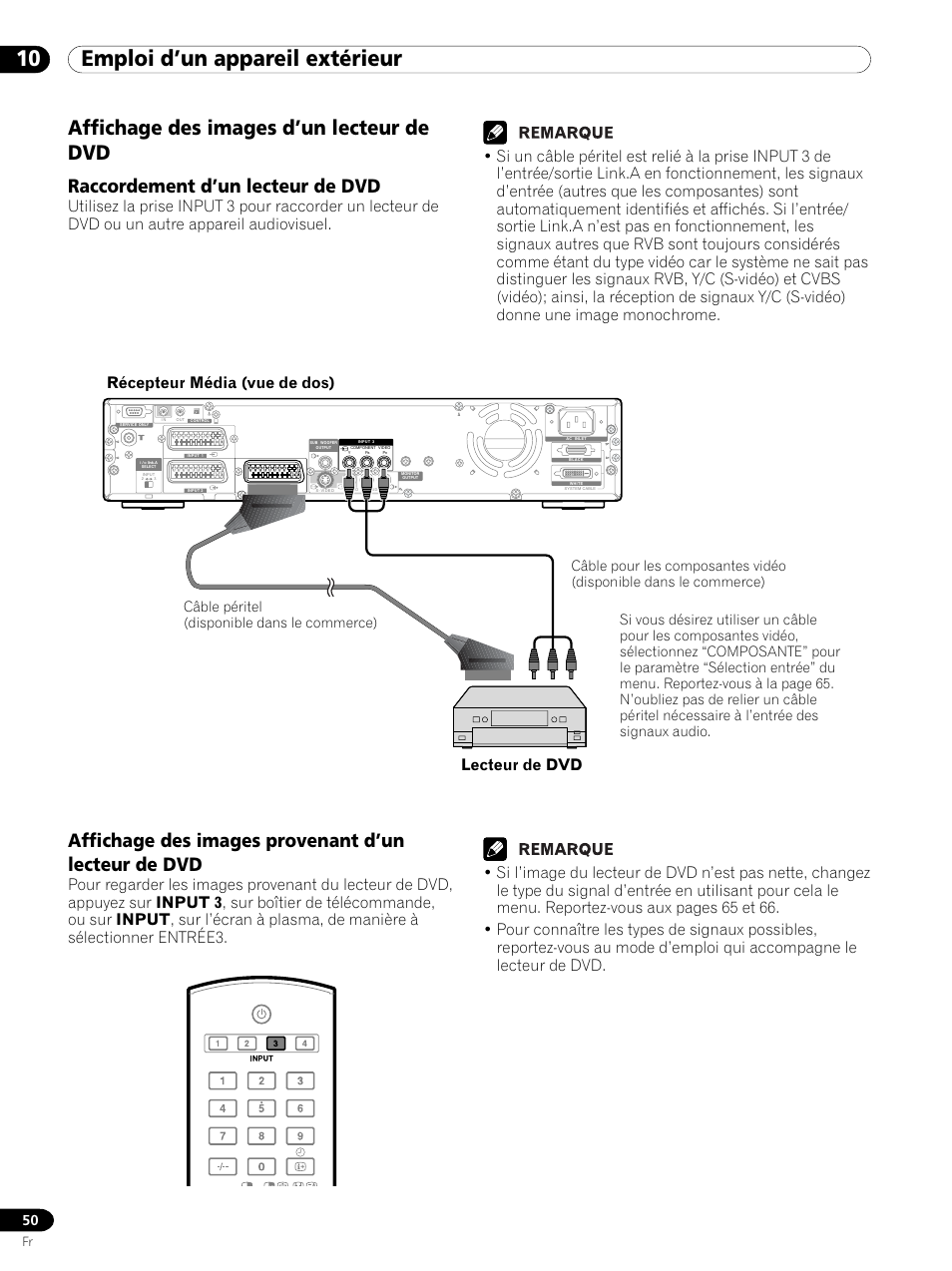 Affichage des images d’un lecteur de dvd, 10 emploi d’un appareil extérieur, Raccordement d’un lecteur de dvd | Affichage des images provenant d’un lecteur de dvd | Pioneer PDP 434HDE User Manual | Page 126 / 248