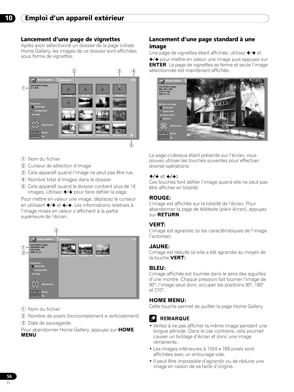 10 emploi d’un appareil extérieur, Lancement d’une page de vignettes, Lancement d’une page standard à une image | Rouge, Vert, Jaune, Bleu, Home menu | Pioneer PDP 434HDE User Manual | Page 132 / 248
