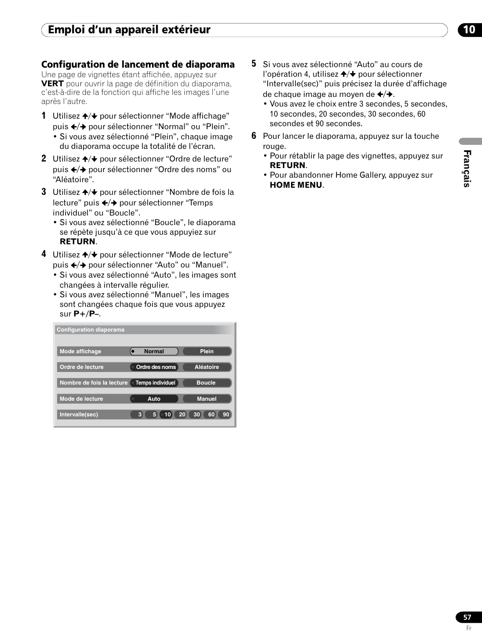 Configuration de lancement de diaporama, 10 emploi d’un appareil extérieur, Français configuration de lancement de diaporama | Pioneer PDP 434HDE User Manual | Page 133 / 248