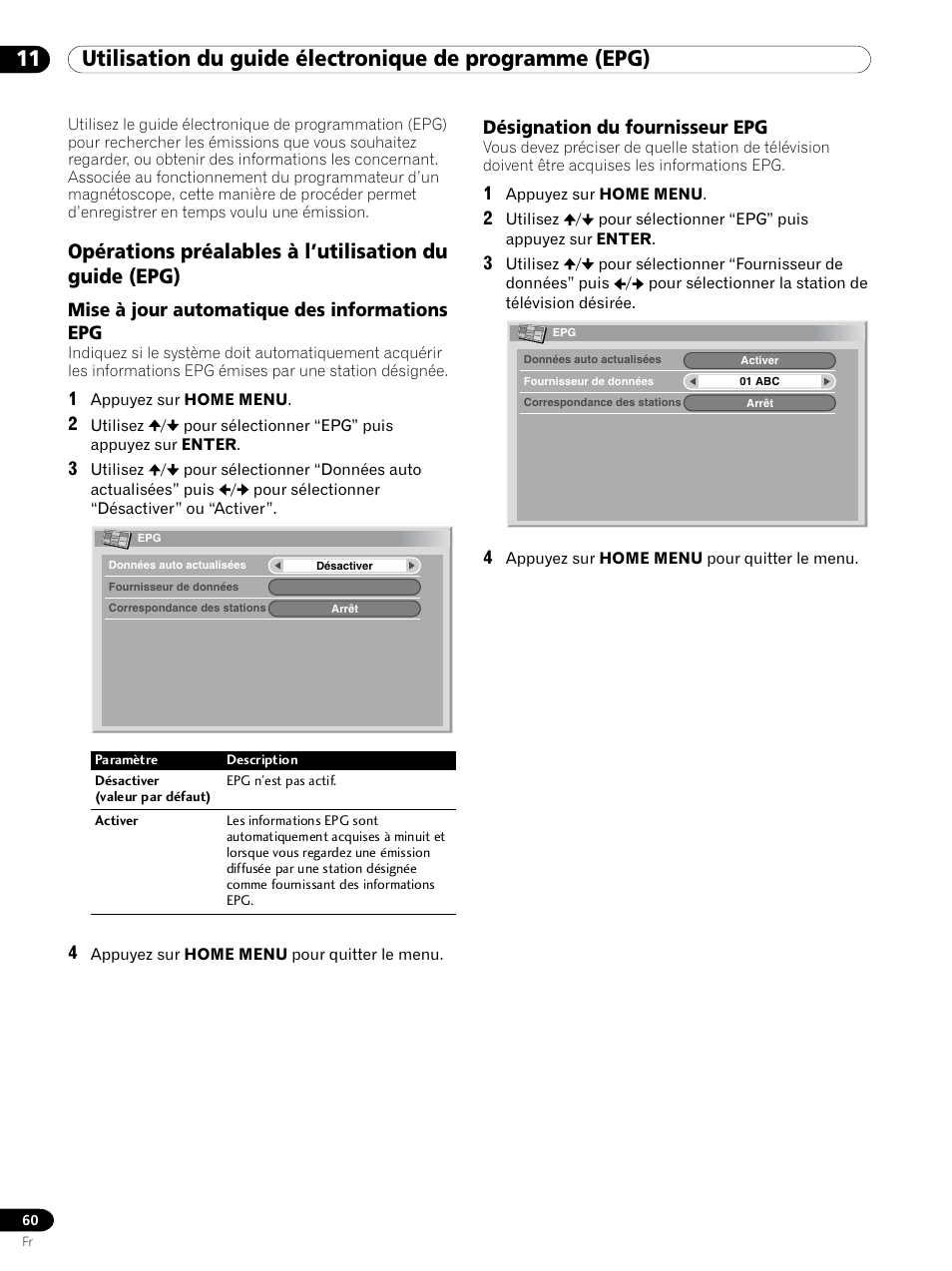 11 utilisation du guide électronique de, Programme (epg), Mise à jour automatique des informations epg | Désignation du fournisseur epg | Pioneer PDP 434HDE User Manual | Page 136 / 248