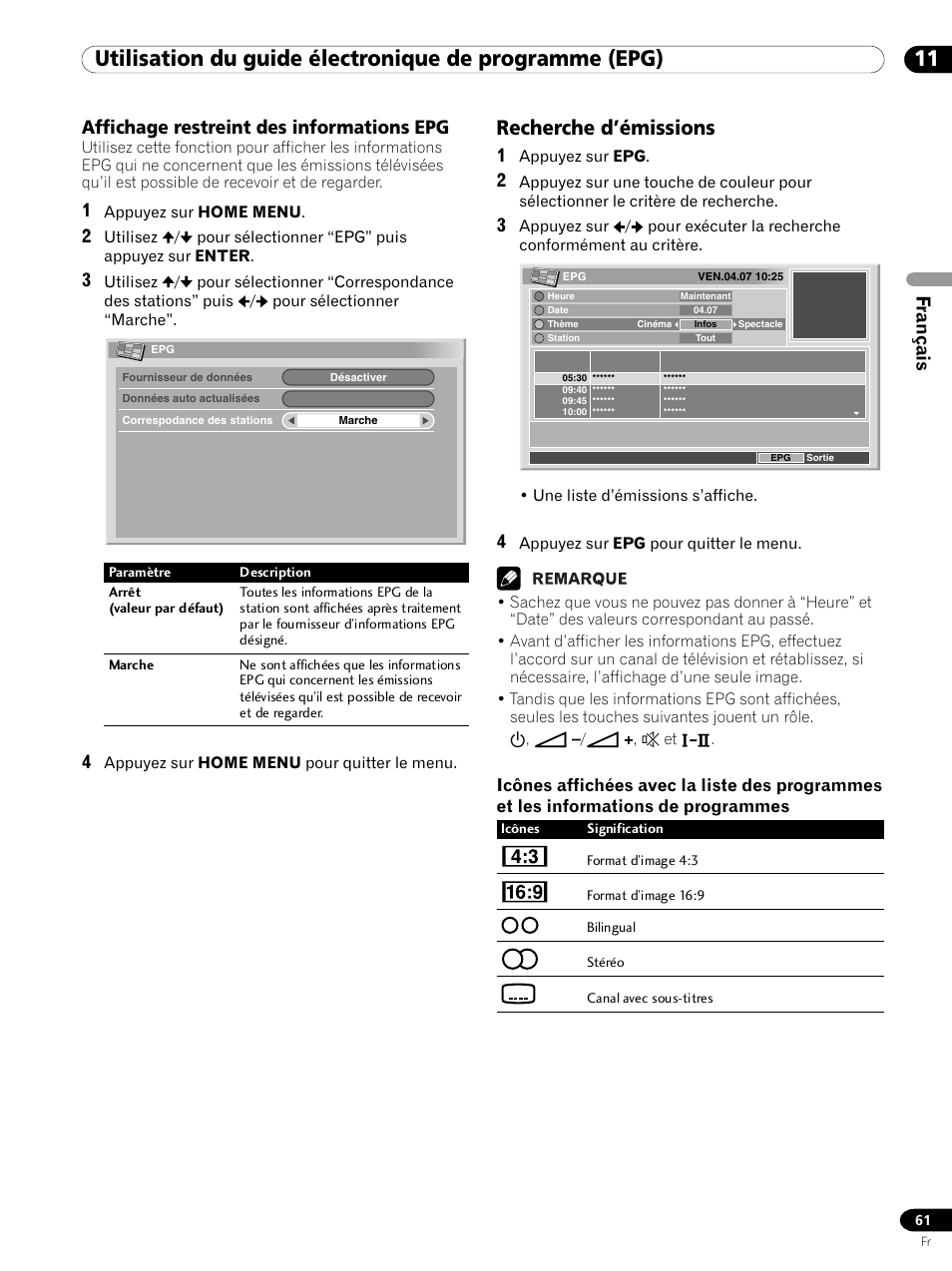 Affichage restreint des informations epg, Recherche d’émissions, Français affichage restreint des informations epg | Pioneer PDP 434HDE User Manual | Page 137 / 248
