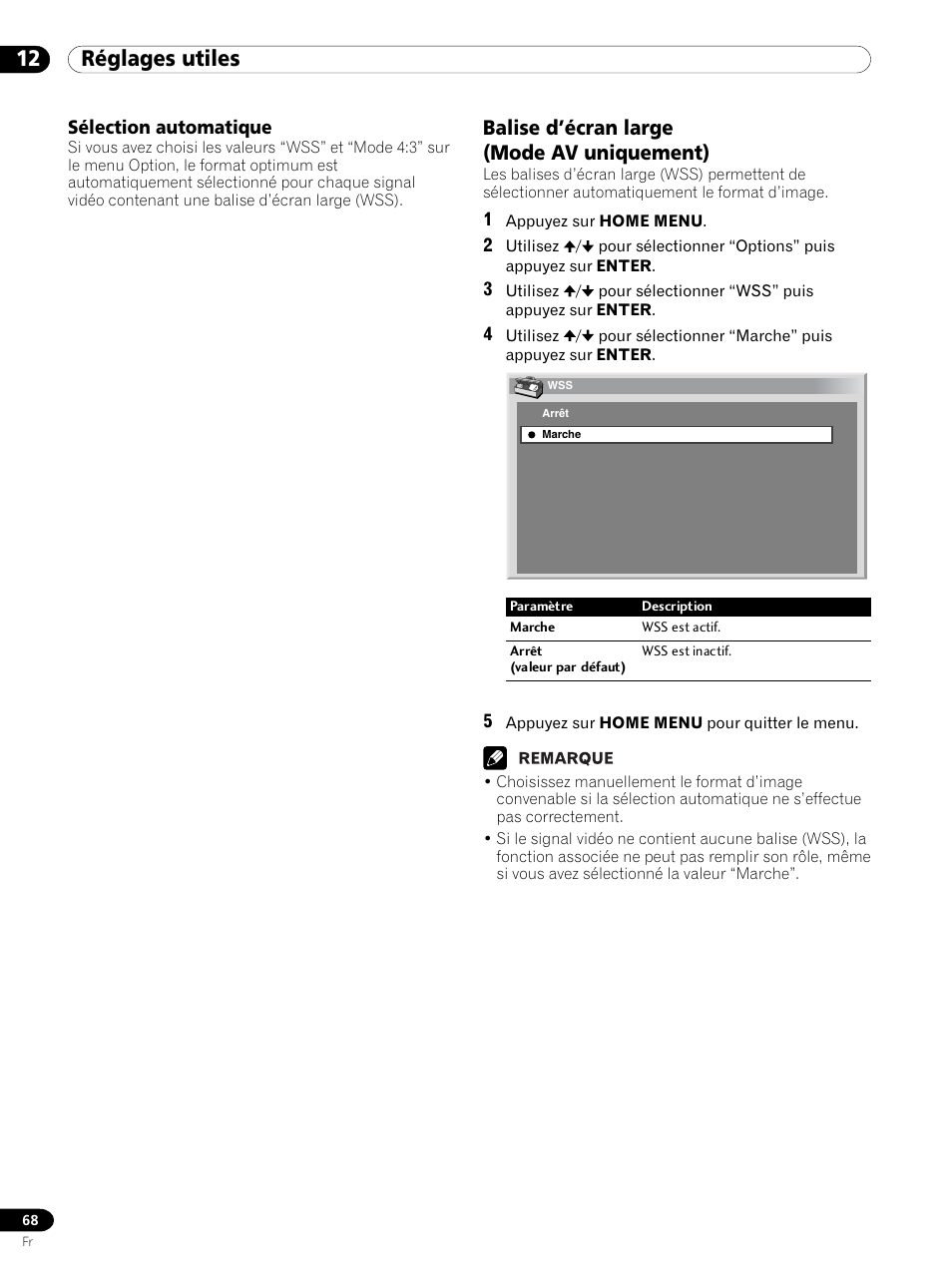 Sélection automatique, Balise d’écran large (mode av uniquement), 12 réglages utiles | Pioneer PDP 434HDE User Manual | Page 144 / 248