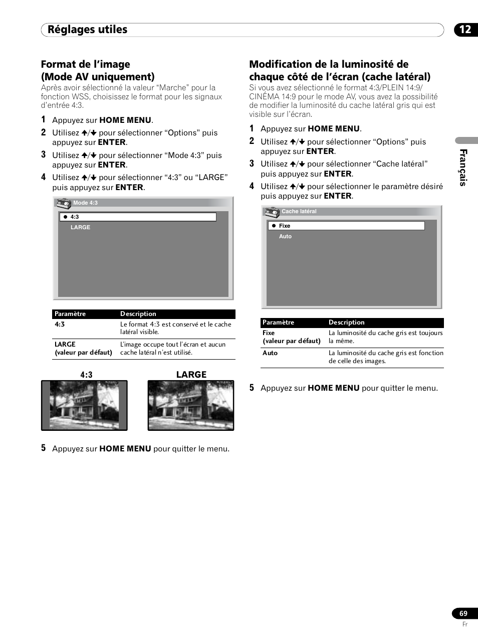 12 réglages utiles, Format de l’image (mode av uniquement) | Pioneer PDP 434HDE User Manual | Page 145 / 248