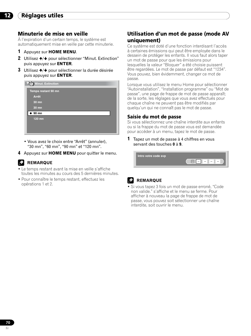 Saisie du mot de passe, 12 réglages utiles, Minuterie de mise en veille | Utilisation d’un mot de passe (mode av uniquement) | Pioneer PDP 434HDE User Manual | Page 146 / 248