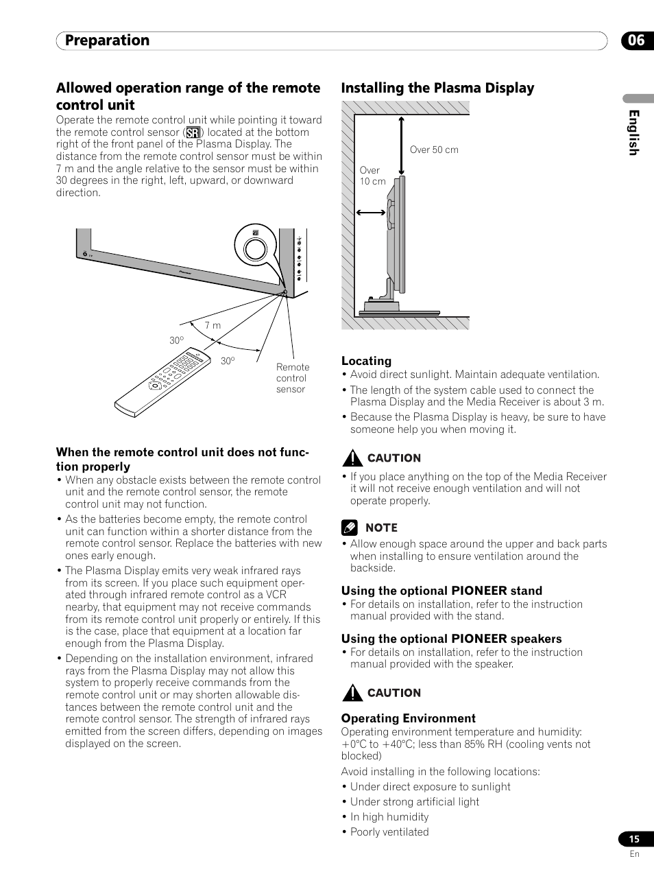 06 preparation, Installing the plasma display, Allowed operation range of the remote control unit | Pioneer PDP 434HDE User Manual | Page 15 / 248