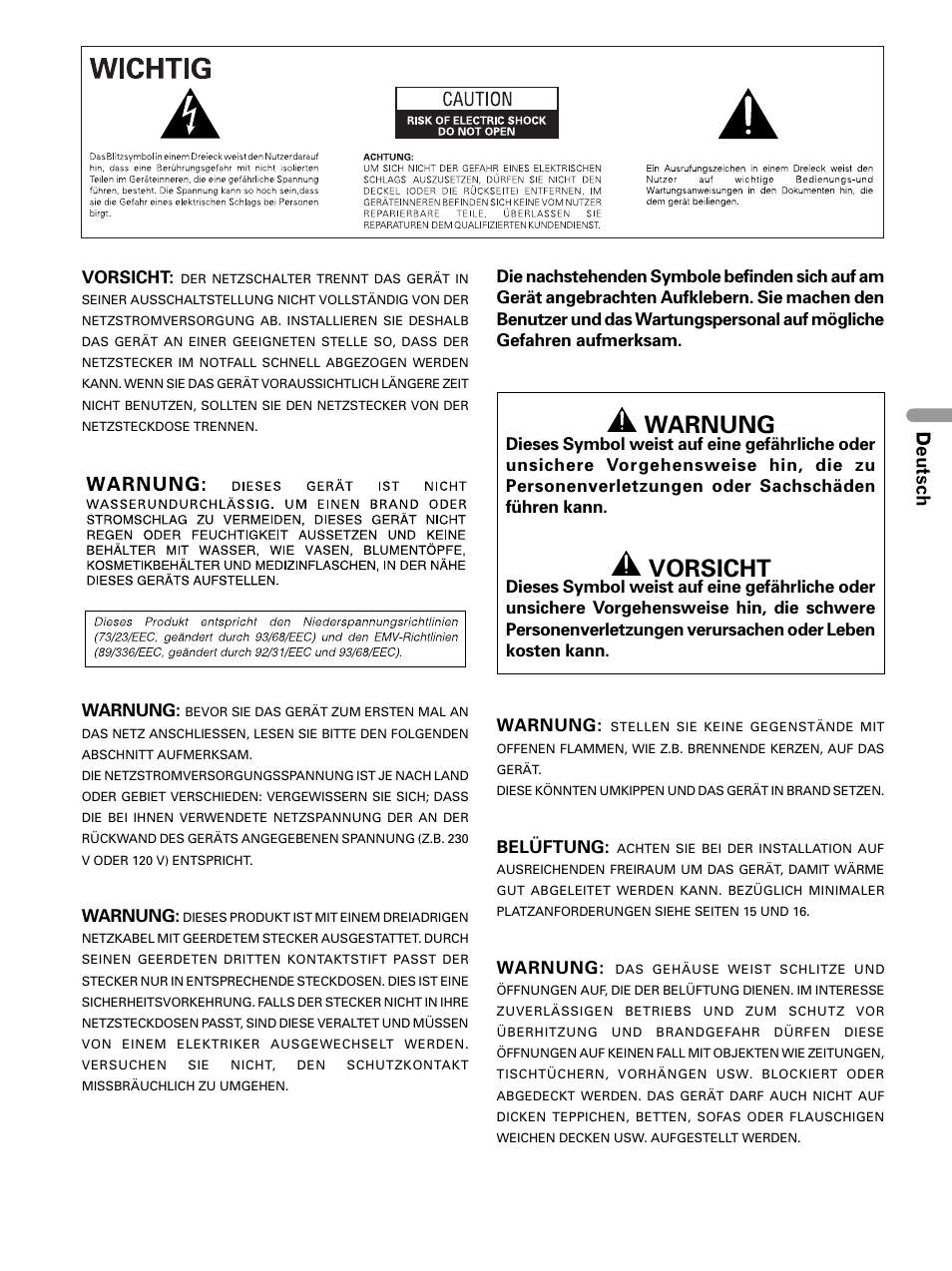 Deutsch, Vorsicht, Warnung | Belüftung | Pioneer PDP 434HDE User Manual | Page 155 / 248