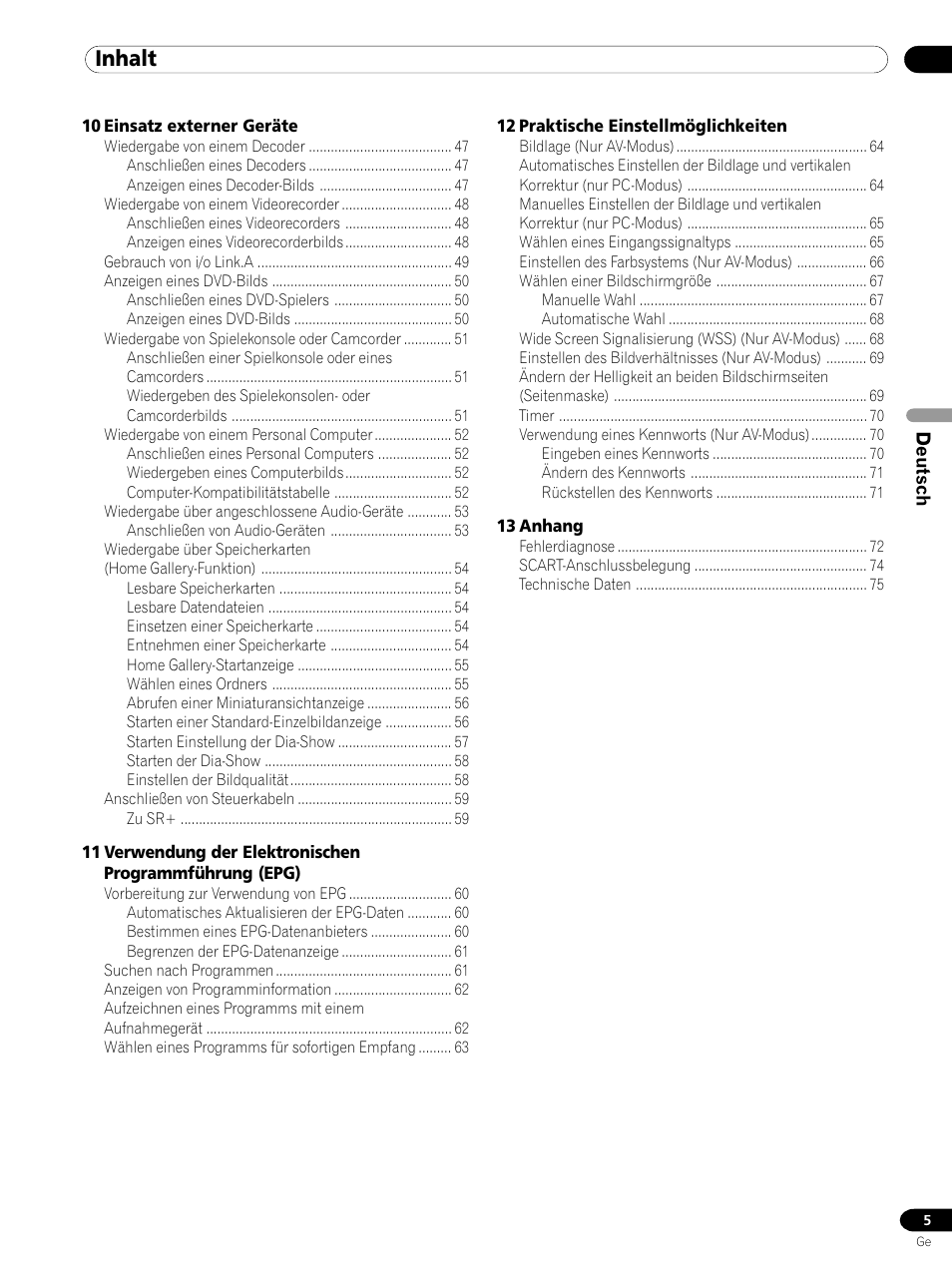 Inhalt | Pioneer PDP 434HDE User Manual | Page 157 / 248