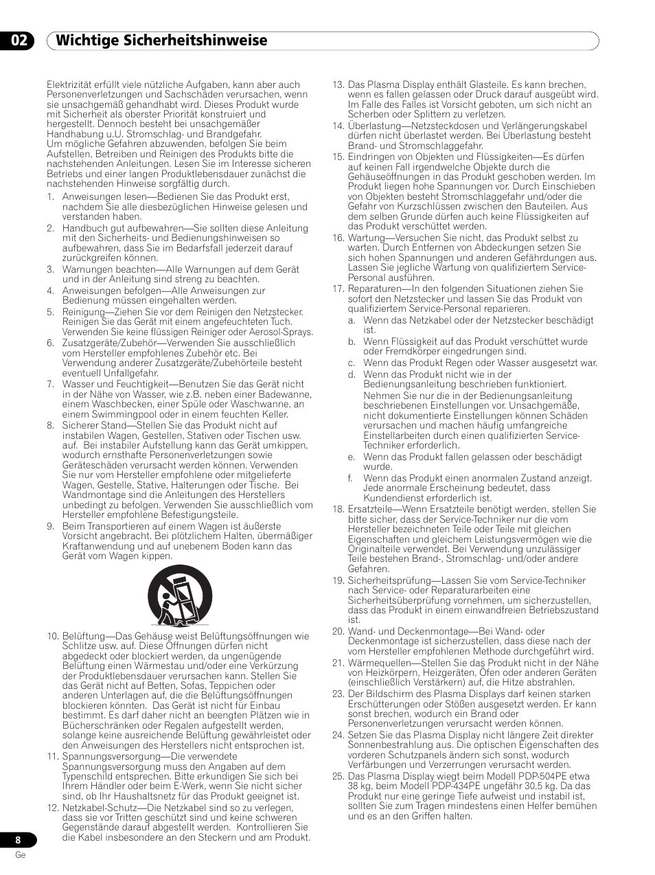 02 wichtige sicherheitshinweise | Pioneer PDP 434HDE User Manual | Page 160 / 248