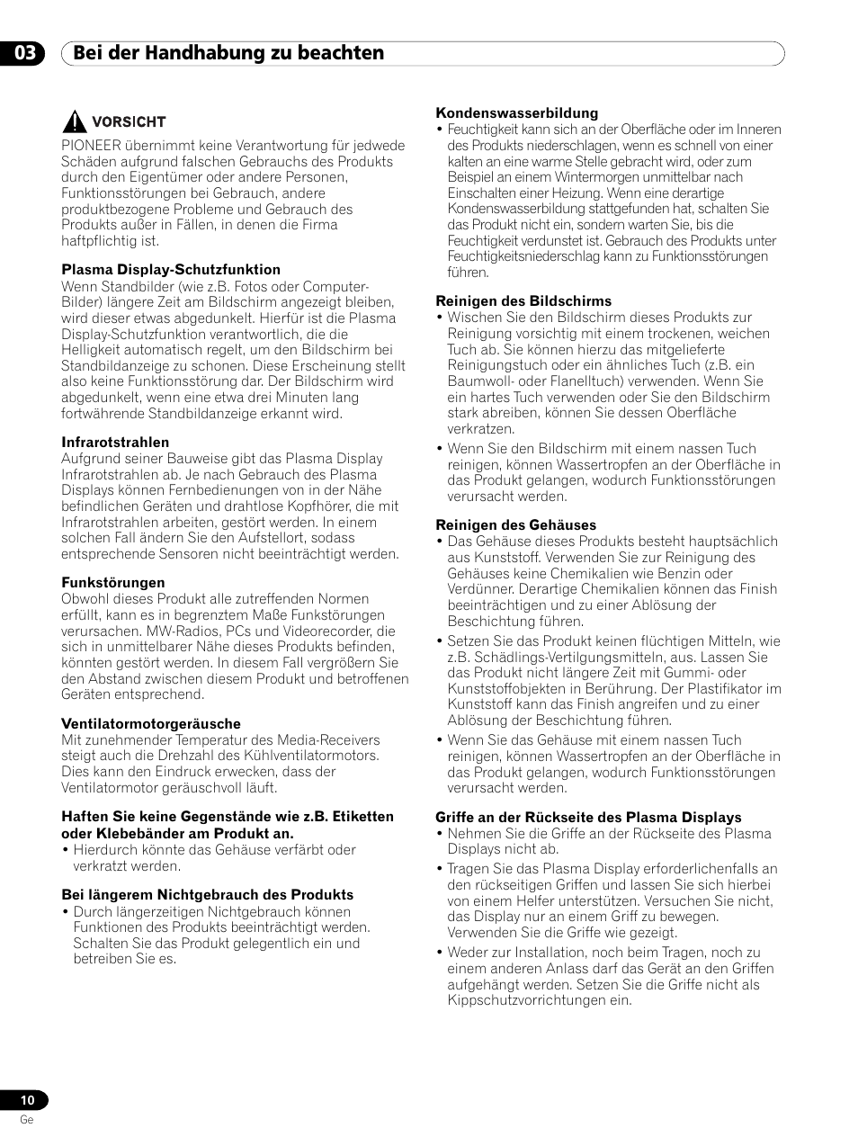 02 wichtige sicherheitshinweise, 03 bei der handhabung zu beachten | Pioneer PDP 434HDE User Manual | Page 162 / 248