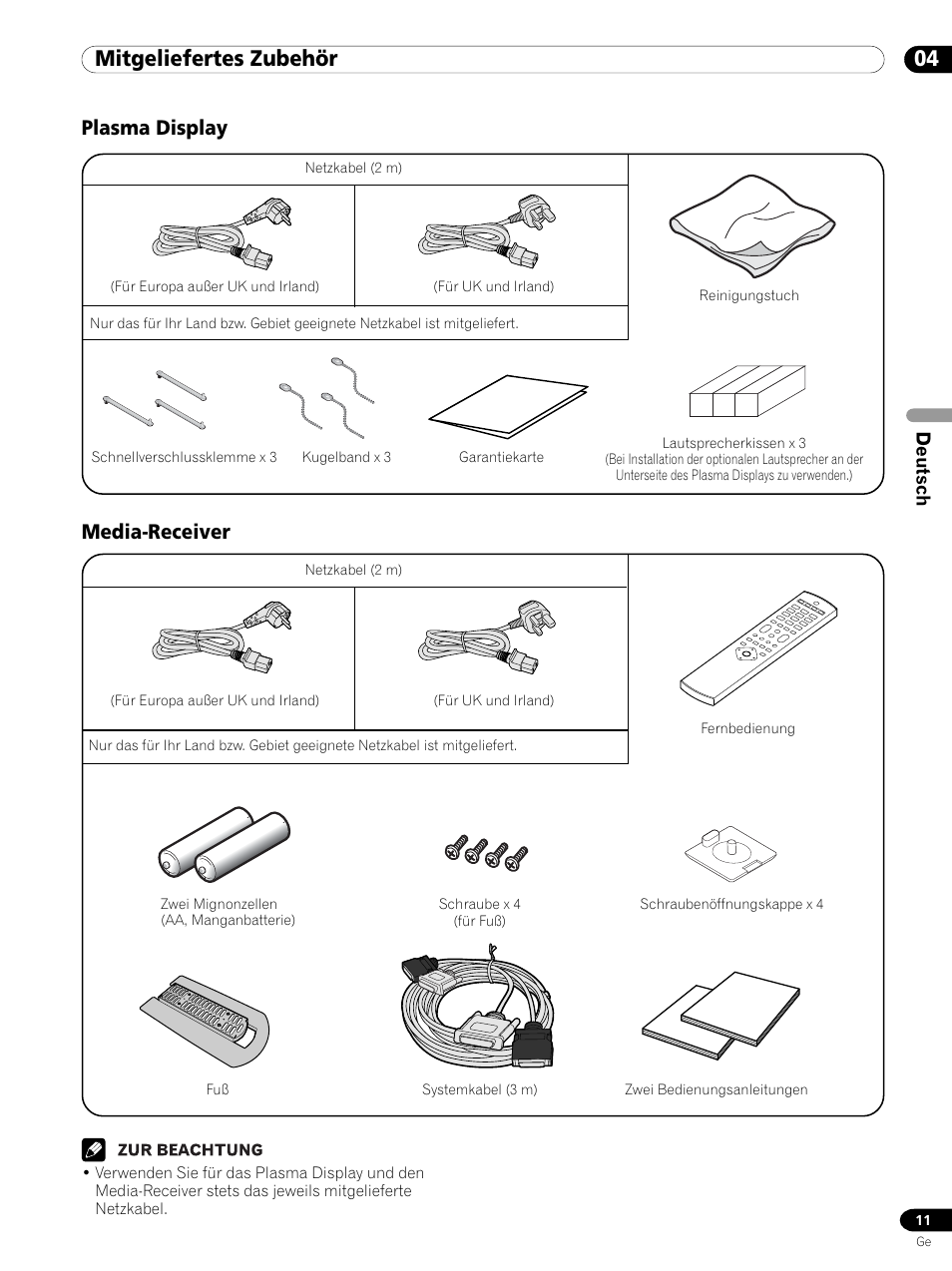 04 mitgeliefertes zubehör, Plasma display media-receiver, Deutsch | Pioneer PDP 434HDE User Manual | Page 163 / 248