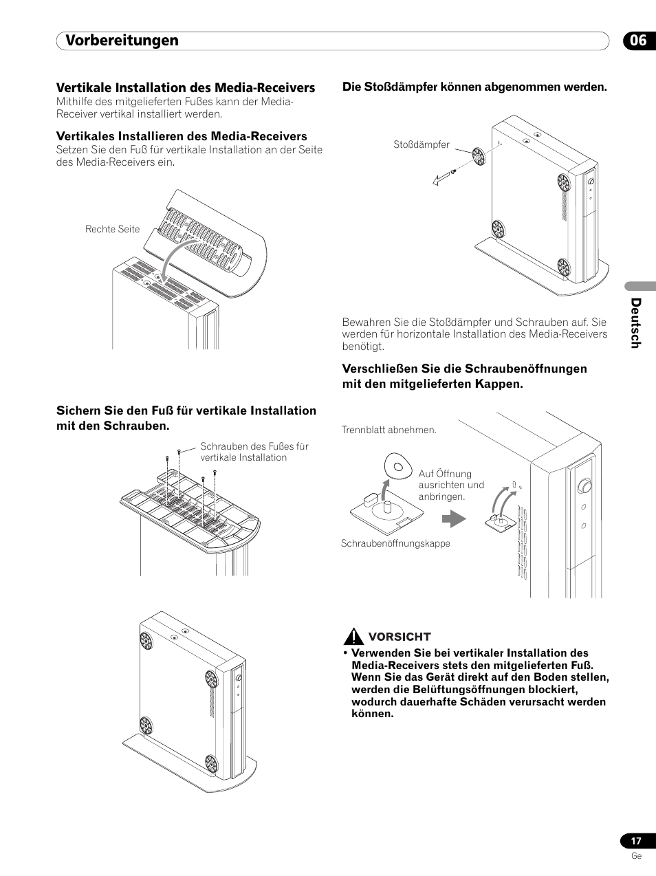 Vertikale installation des media-receivers, 06 vorbereitungen | Pioneer PDP 434HDE User Manual | Page 169 / 248