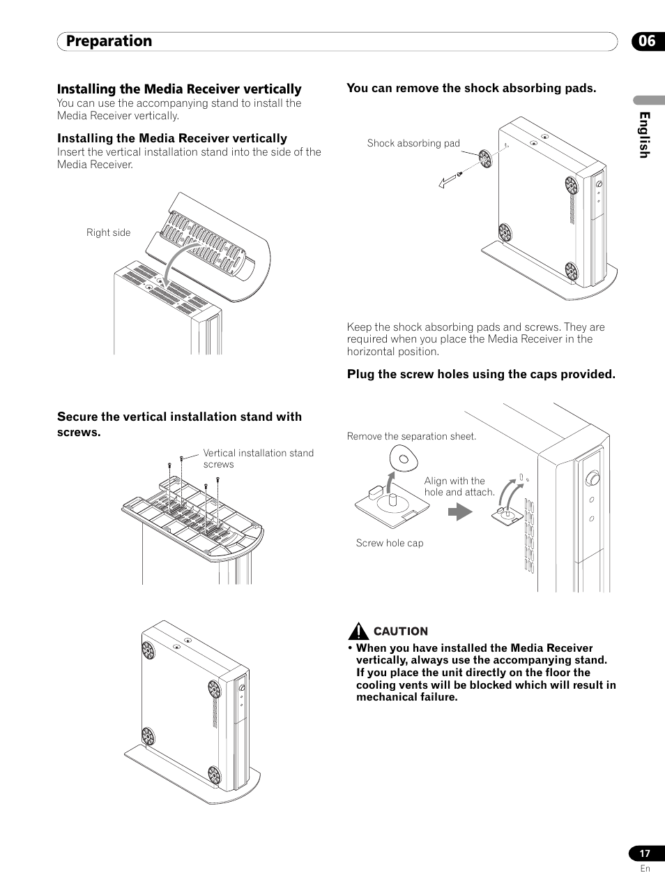 Installing the media receiver vertically, 06 preparation | Pioneer PDP 434HDE User Manual | Page 17 / 248