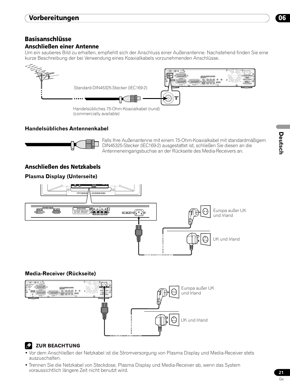 Basisanschlüsse, 06 vorbereitungen, Deutsch | Anschließen einer antenne, Anschließen des netzkabels, Handelsübliches antennenkabel, Plasma display (unterseite), Media-receiver (rückseite) | Pioneer PDP 434HDE User Manual | Page 173 / 248