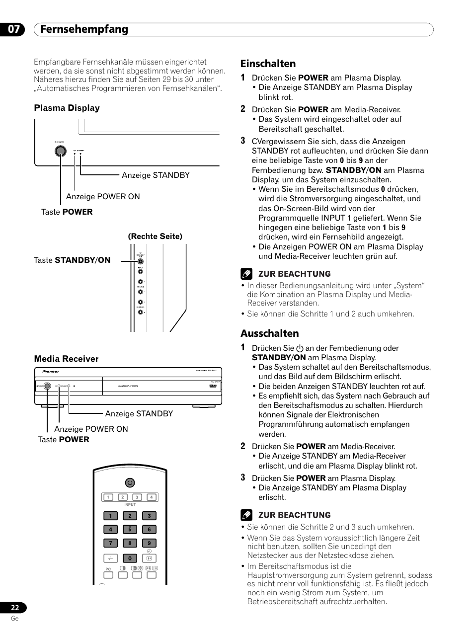 07 fernsehempfang, Einschalten ausschalten | Pioneer PDP 434HDE User Manual | Page 174 / 248