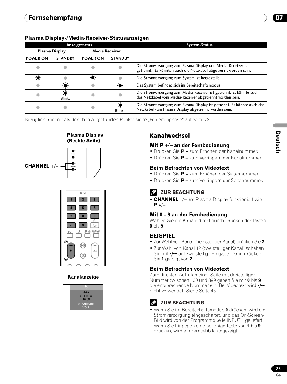 Kanalwechsel, 07 fernsehempfang, Deutsch | Pioneer PDP 434HDE User Manual | Page 175 / 248