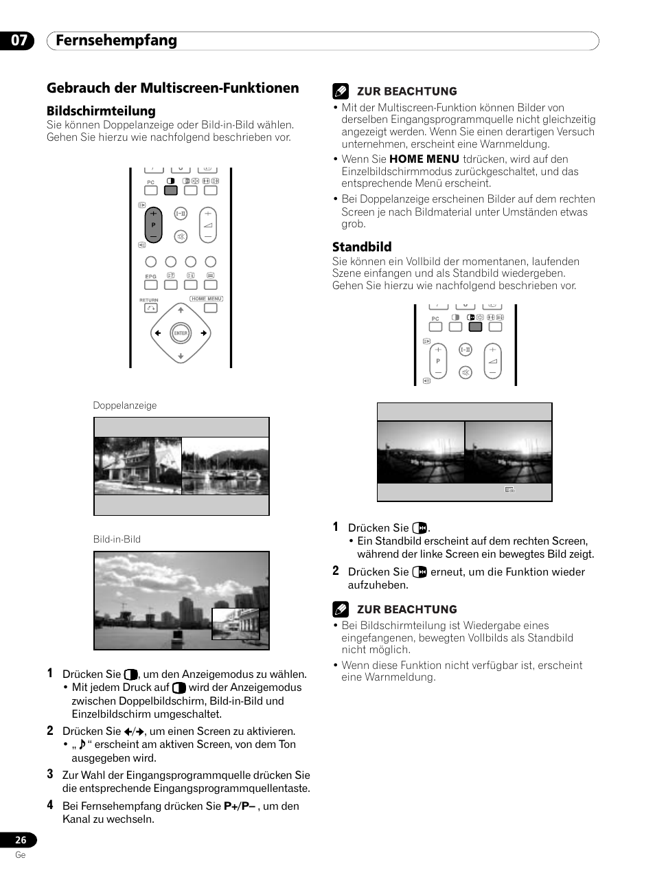 Gebrauch der multiscreen-funktionen, Bildschirmteilung standbild, 07 fernsehempfang | Pioneer PDP 434HDE User Manual | Page 178 / 248