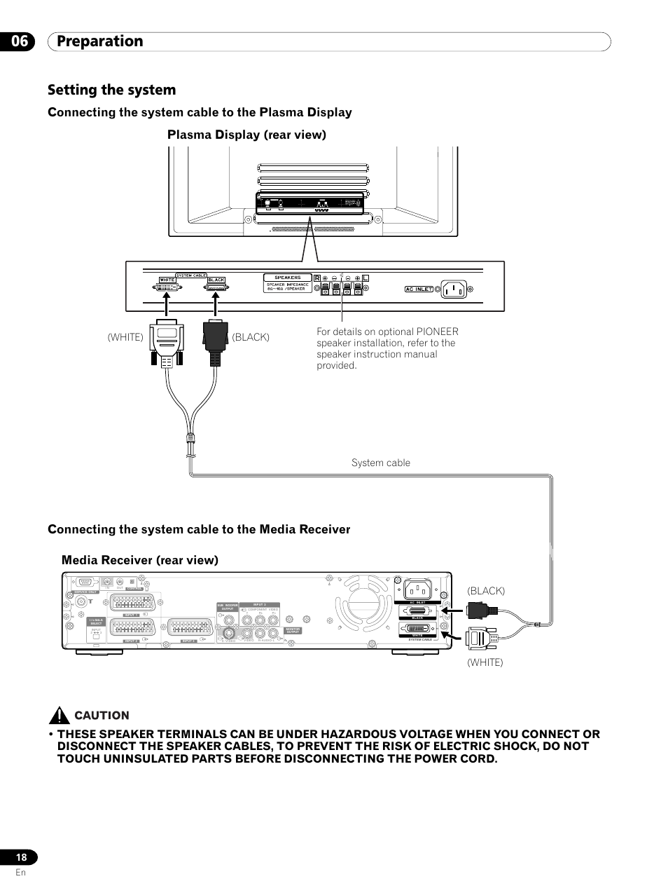 Setting the system, 06 preparation, Connecting the system cable to the plasma display | Connecting the system cable to the media receiver, Plasma display (rear view), Media receiver (rear view), White) (black) system cable, White) (black) | Pioneer PDP 434HDE User Manual | Page 18 / 248