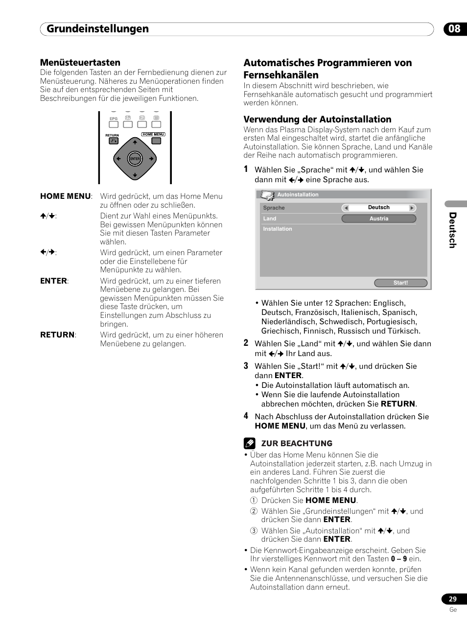 Menüsteuertasten, Automatisches programmieren von fernsehkanälen, Verwendung der autoinstallation | 08 grundeinstellungen | Pioneer PDP 434HDE User Manual | Page 181 / 248