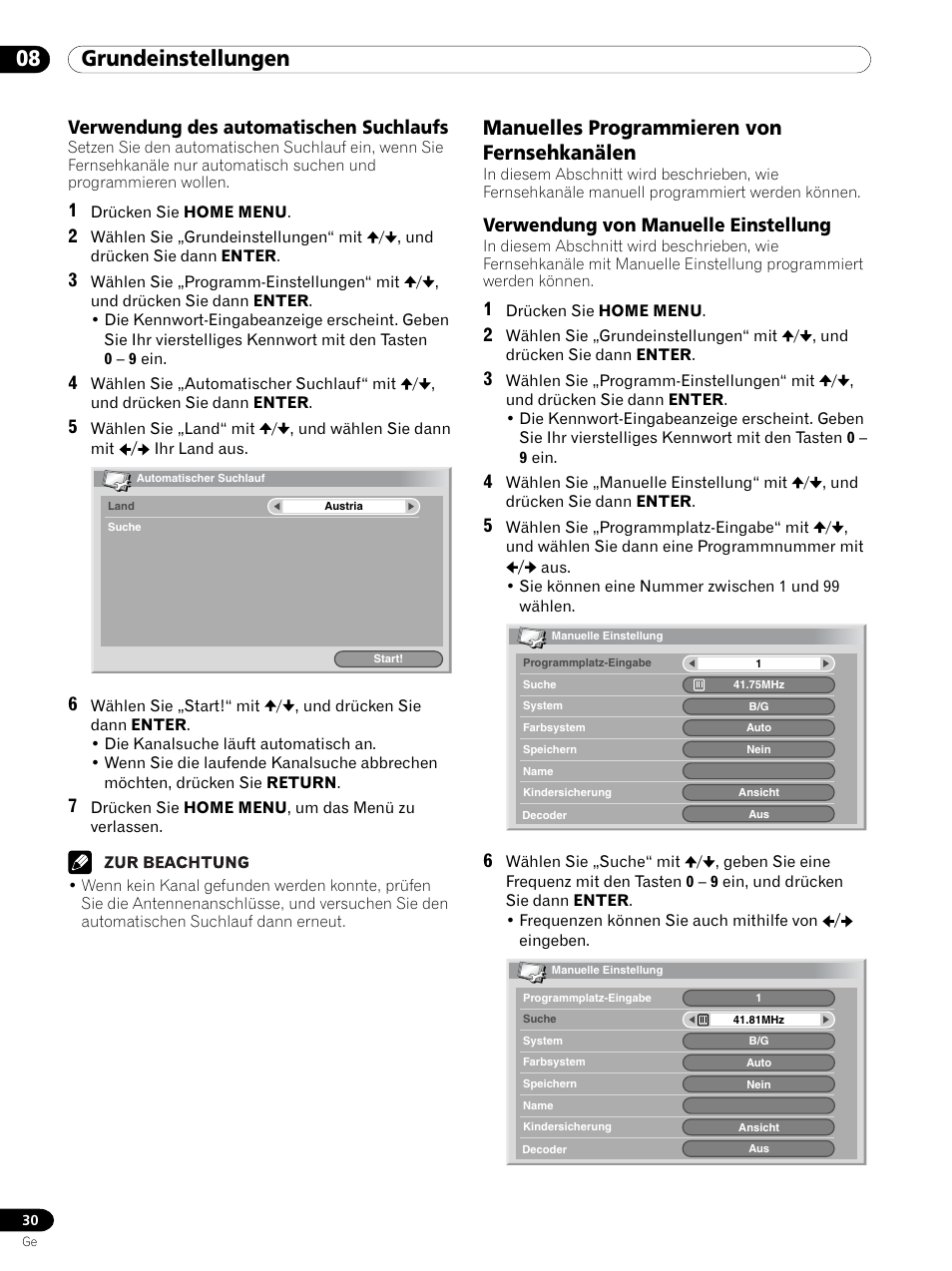 Verwendung des automatischen suchlaufs, Manuelles programmieren von fernsehkanälen, Verwendung von manuelle einstellung | 08 grundeinstellungen | Pioneer PDP 434HDE User Manual | Page 182 / 248