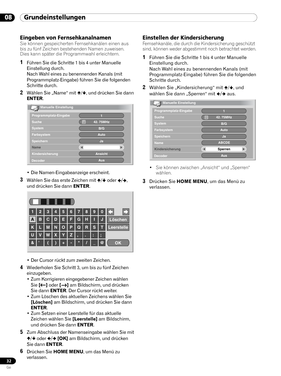 08 grundeinstellungen, Eingeben von fernsehkanalnamen, Einstellen der kindersicherung | Pioneer PDP 434HDE User Manual | Page 184 / 248