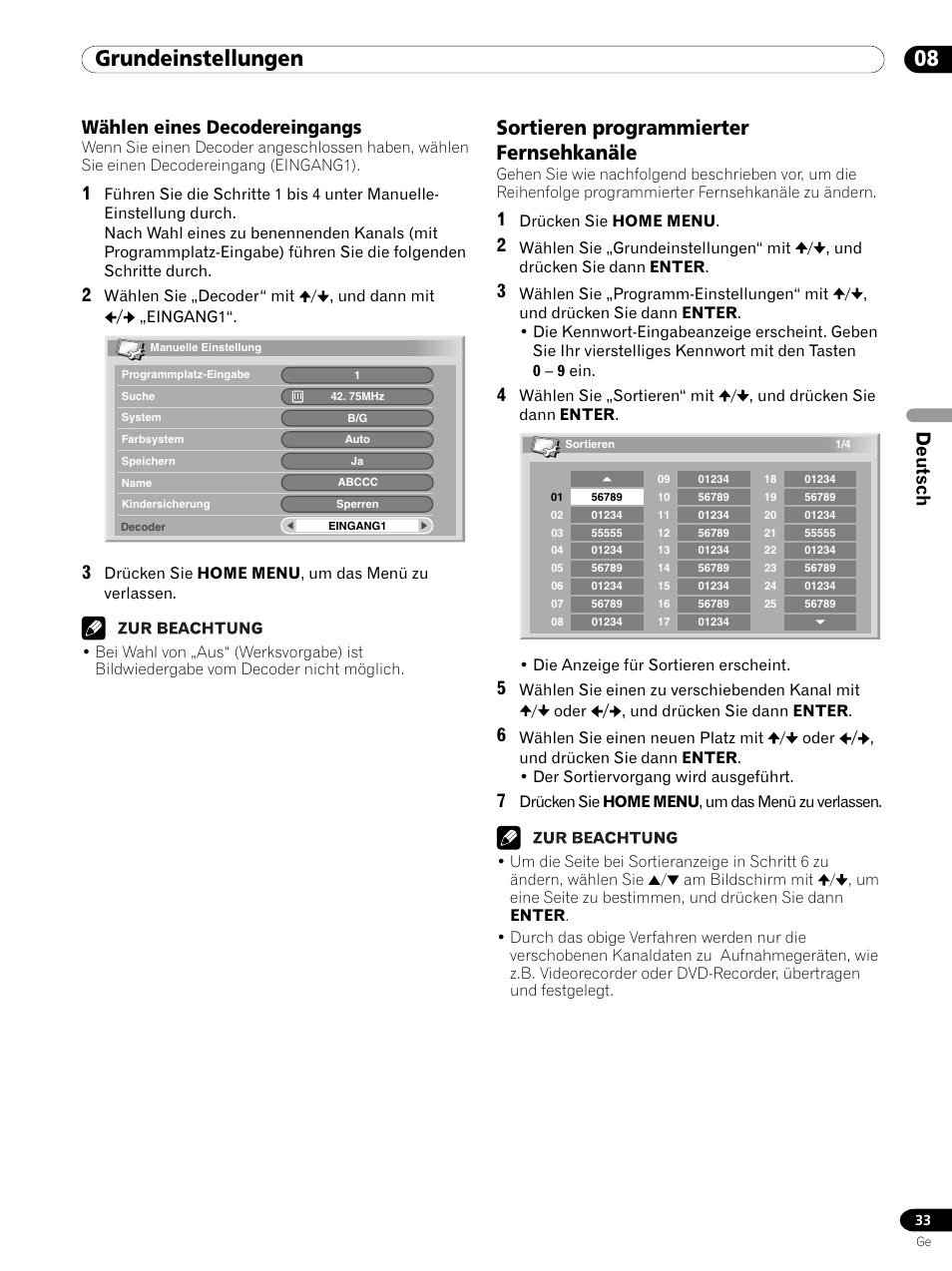 Wählen eines decodereingangs, Sortieren programmierter fernsehkanäle, 08 grundeinstellungen | Deutsch | Pioneer PDP 434HDE User Manual | Page 185 / 248