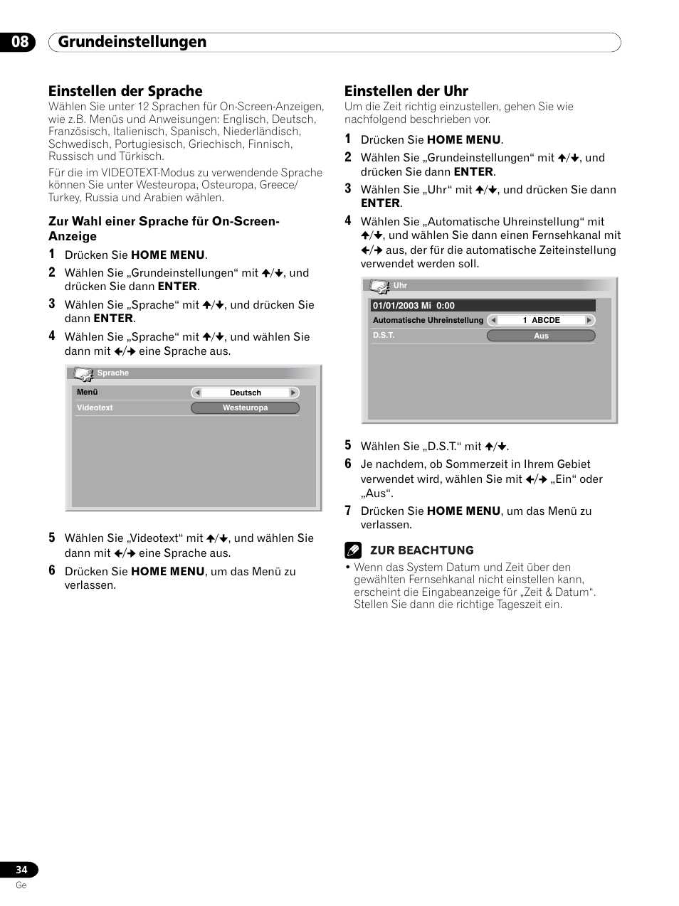 Einstellen der sprache einstellen der uhr, 08 grundeinstellungen, Einstellen der sprache | Einstellen der uhr | Pioneer PDP 434HDE User Manual | Page 186 / 248