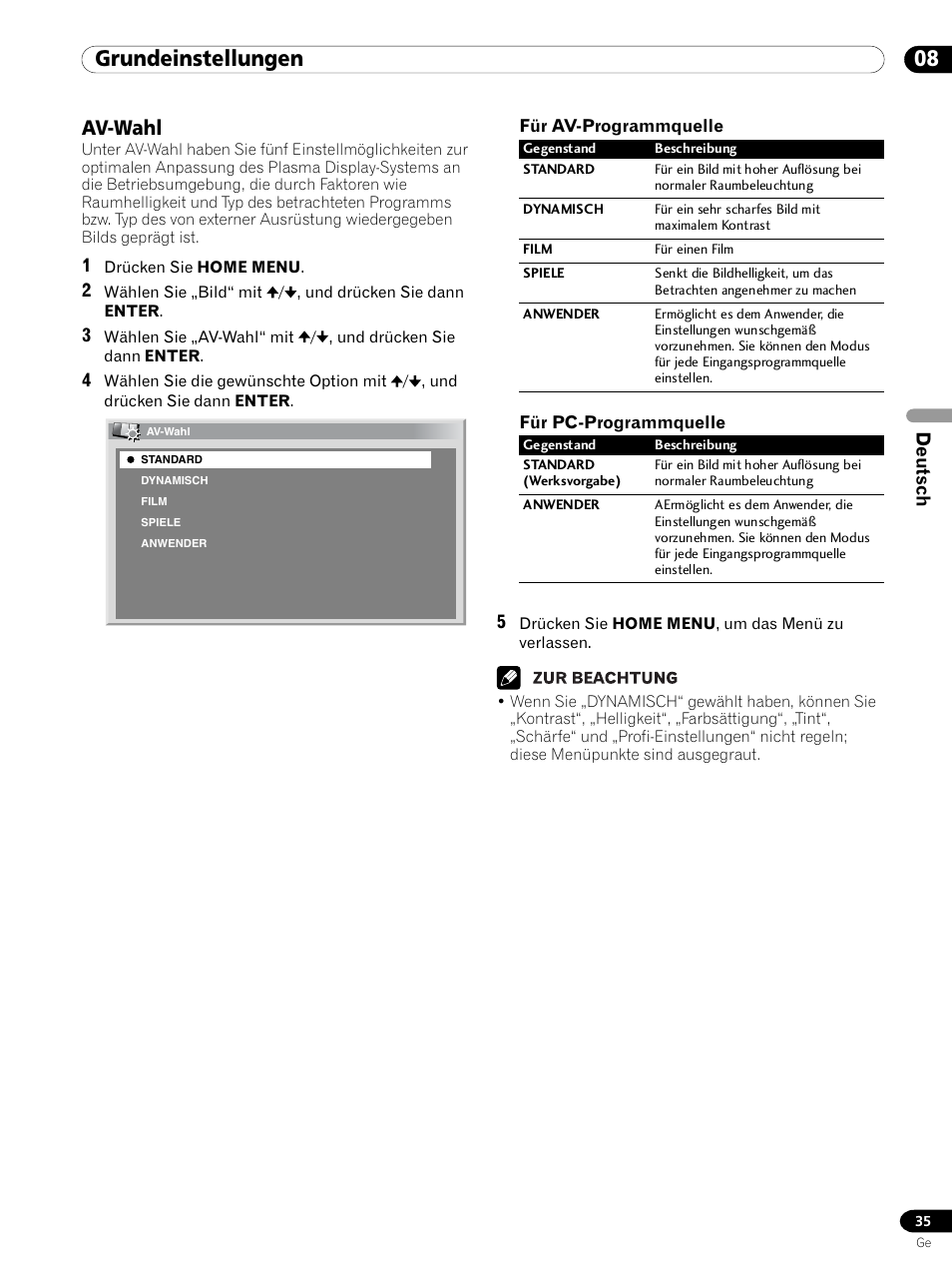 Av-wahl, 08 grundeinstellungen, Deutsch | Pioneer PDP 434HDE User Manual | Page 187 / 248