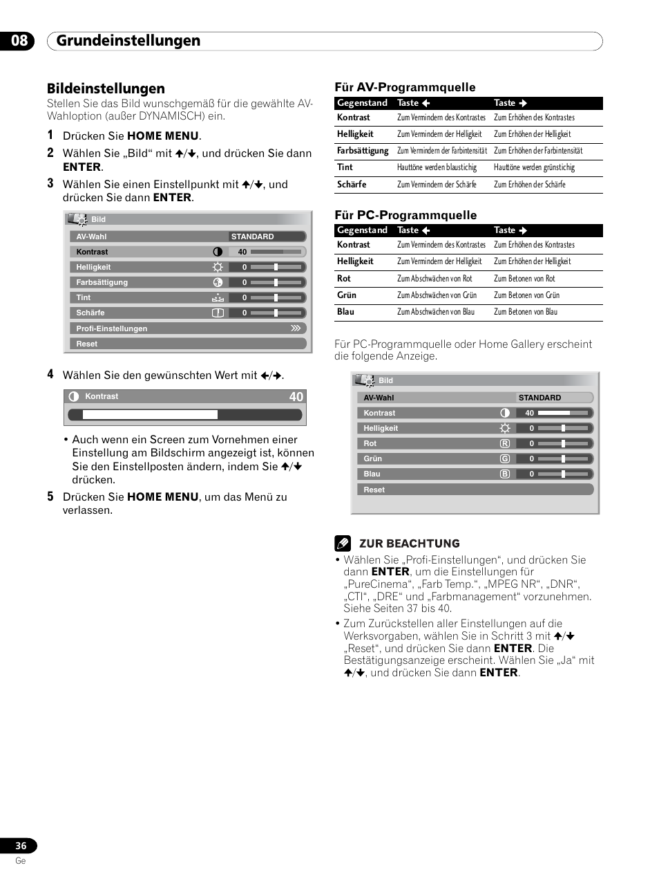 Bildeinstellungen, 08 grundeinstellungen | Pioneer PDP 434HDE User Manual | Page 188 / 248