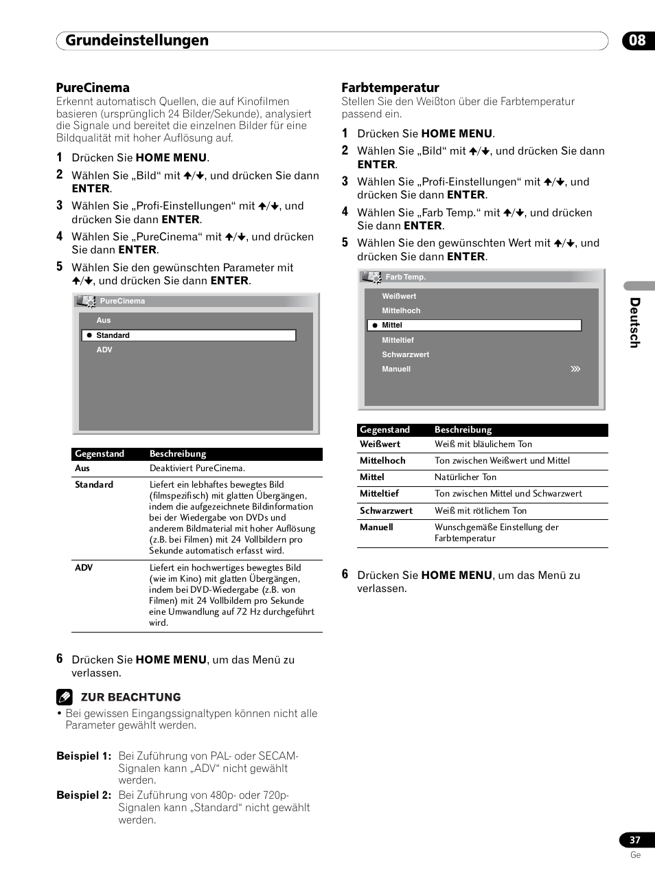 Purecinema farbtemperatur, 08 grundeinstellungen, Deutsch | Purecinema, Farbtemperatur | Pioneer PDP 434HDE User Manual | Page 189 / 248