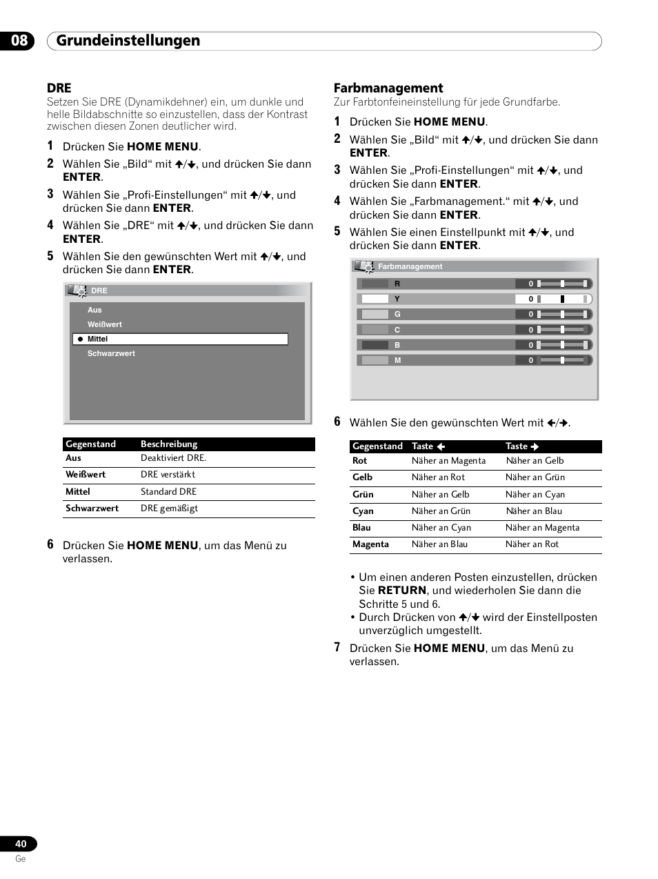 Dre farbmanagement, 08 grundeinstellungen, Farbmanagement | Pioneer PDP 434HDE User Manual | Page 192 / 248