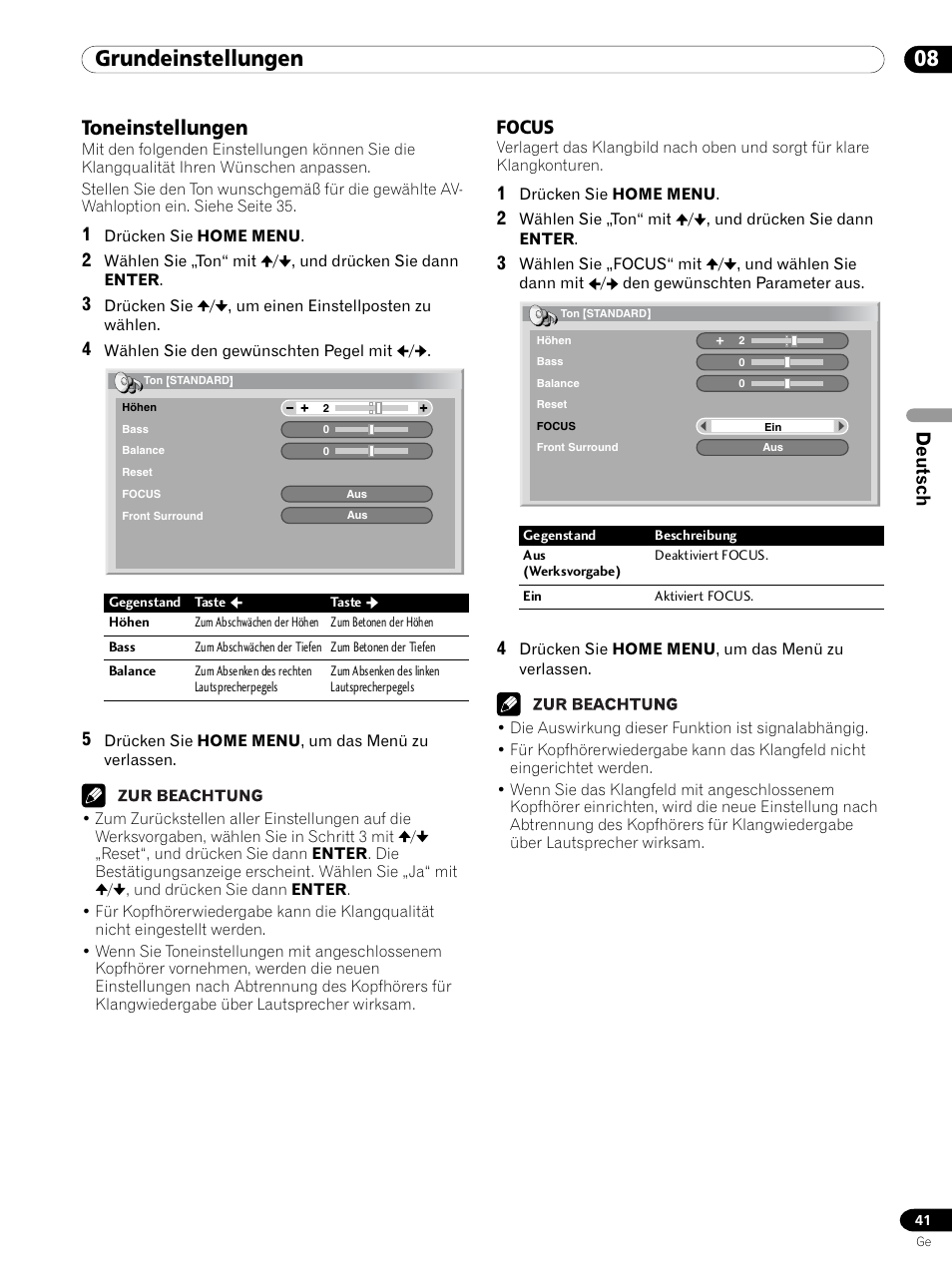 Toneinstellungen, Focus, 08 grundeinstellungen | Deutsch | Pioneer PDP 434HDE User Manual | Page 193 / 248