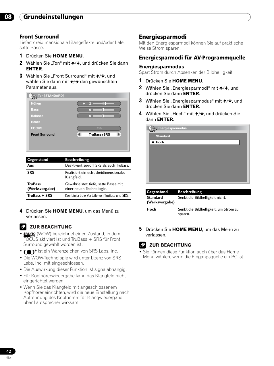 Front surround, Energiesparmodi, Energiesparmodi für av-programmquelle | 08 grundeinstellungen | Pioneer PDP 434HDE User Manual | Page 194 / 248