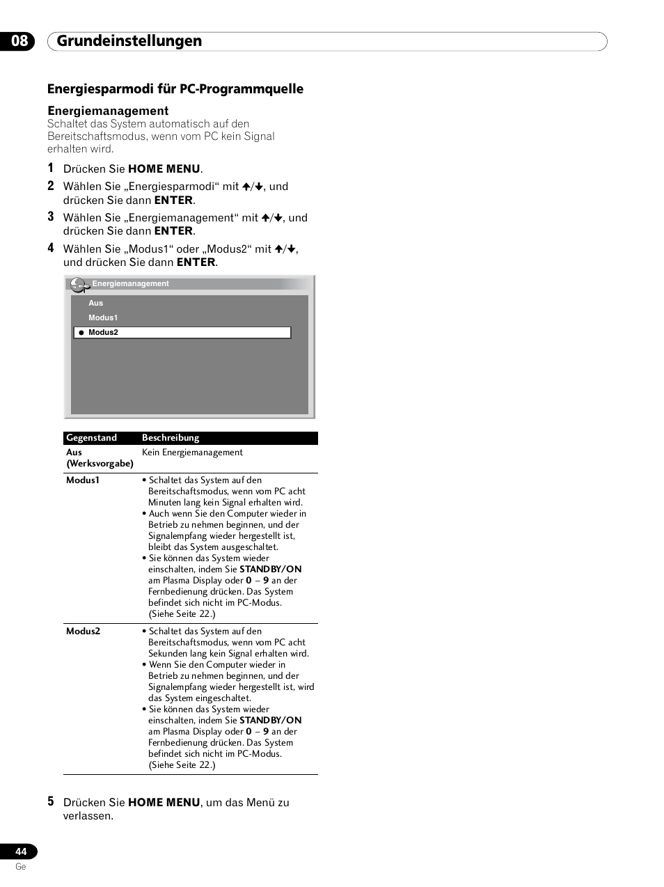 Energiesparmodi für pc-programmquelle, 08 grundeinstellungen | Pioneer PDP 434HDE User Manual | Page 196 / 248