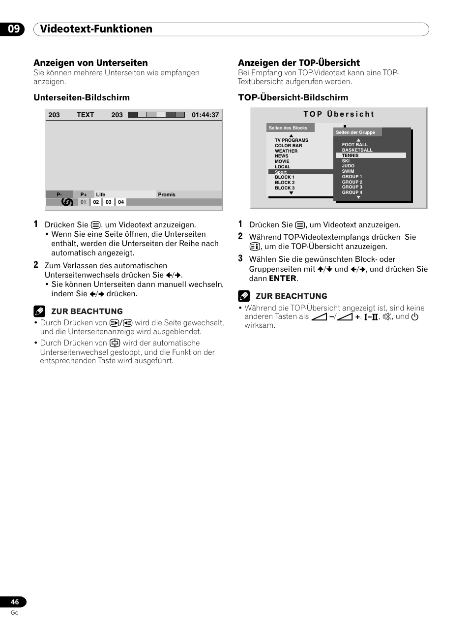 09 videotext-funktionen, Anzeigen der top-übersicht, Anzeigen von unterseiten | Pioneer PDP 434HDE User Manual | Page 198 / 248