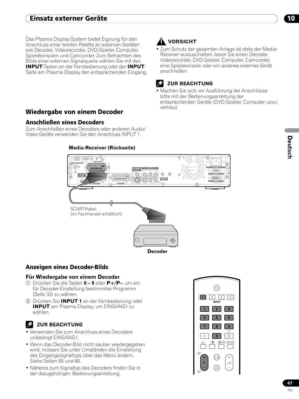 10 einsatz externer geräte, Wiedergabe von einem decoder, Deutsch | Anschließen eines decoders, Anzeigen eines decoder-bilds, Für wiedergabe von einem decoder, Scart-kabel (im fachhandel erhältlich) | Pioneer PDP 434HDE User Manual | Page 199 / 248