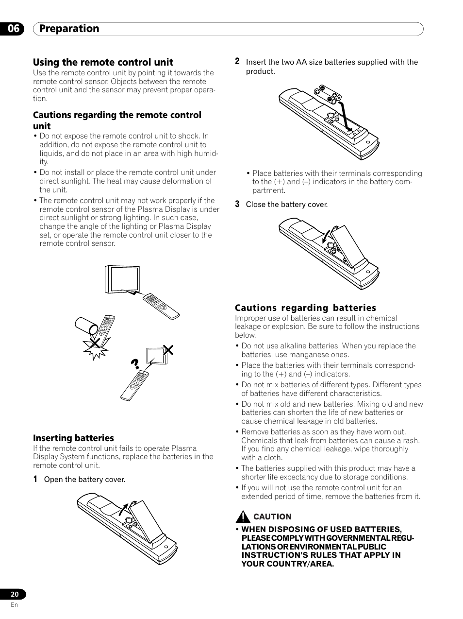 Using the remote control unit, 06 preparation | Pioneer PDP 434HDE User Manual | Page 20 / 248