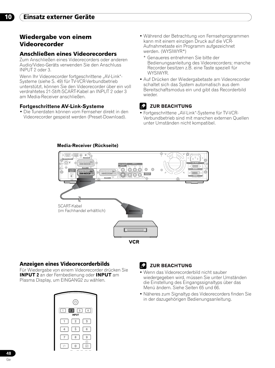 Wiedergabe von einem videorecorder, 10 einsatz externer geräte, Anschließen eines videorecorders | Anzeigen eines videorecorderbilds, Fortgeschrittene av-link-systeme, Scart-kabel (im fachhandel erhältlich) | Pioneer PDP 434HDE User Manual | Page 200 / 248