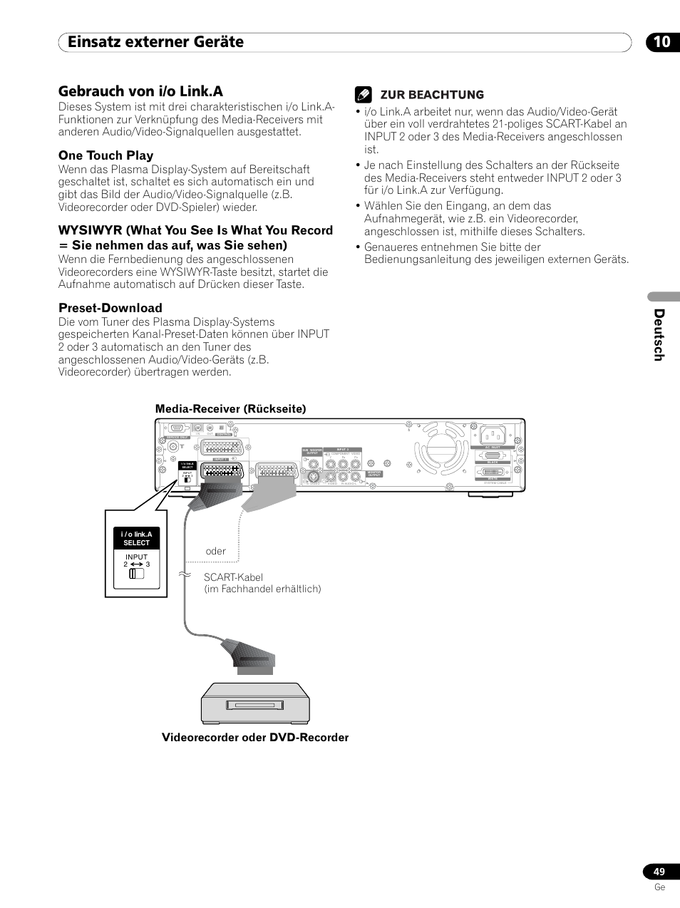 Gebrauch von i/o link.a, 10 einsatz externer geräte, Deutsch | One touch play, Preset-download, Scart-kabel (im fachhandel erhältlich), Oder | Pioneer PDP 434HDE User Manual | Page 201 / 248