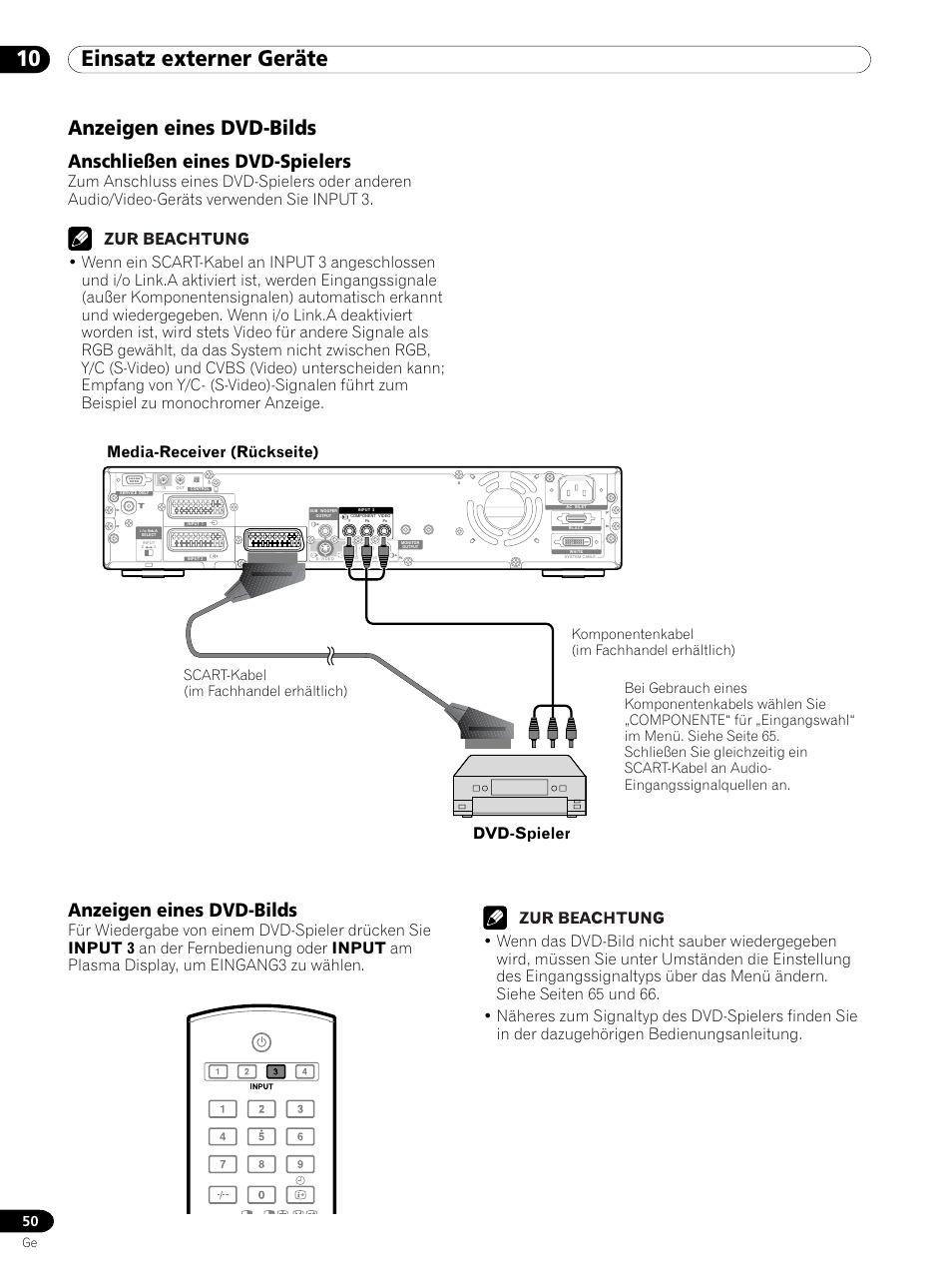 Anzeigen eines dvd-bilds, 10 einsatz externer geräte, Anschließen eines dvd-spielers | Komponentenkabel (im fachhandel erhältlich) | Pioneer PDP 434HDE User Manual | Page 202 / 248