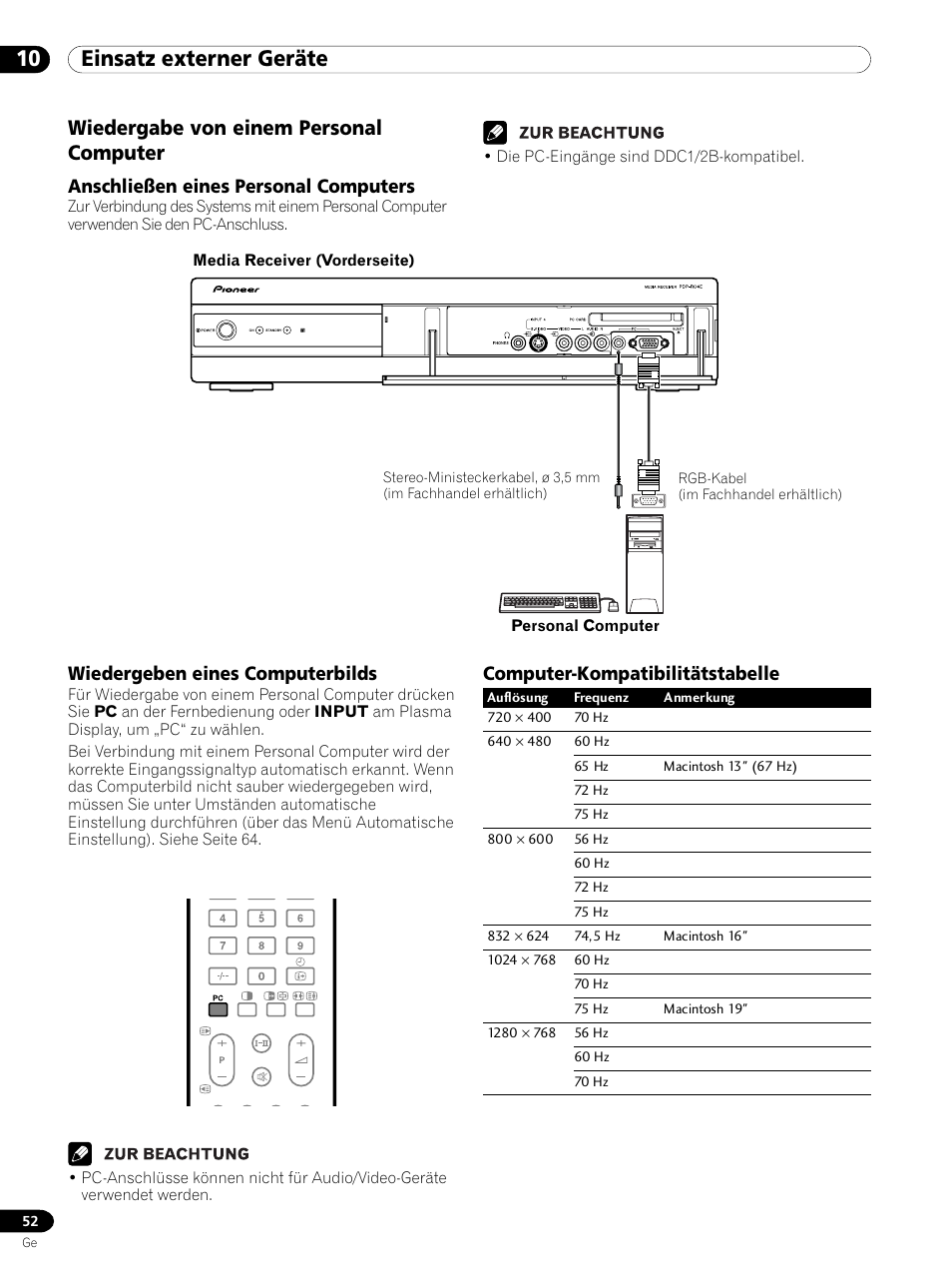 Wiedergabe von einem personal computer, 10 einsatz externer geräte, Anschließen eines personal computers | Wiedergeben eines computerbilds, Computer-kompatibilitätstabelle | Pioneer PDP 434HDE User Manual | Page 204 / 248