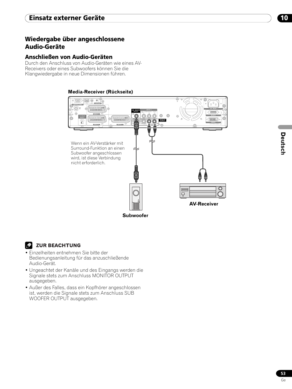 Wiedergabe über angeschlossene audio-geräte, Anschließen von audio-geräten, 10 einsatz externer geräte | Deutsch, Av-receiver subwoofer | Pioneer PDP 434HDE User Manual | Page 205 / 248